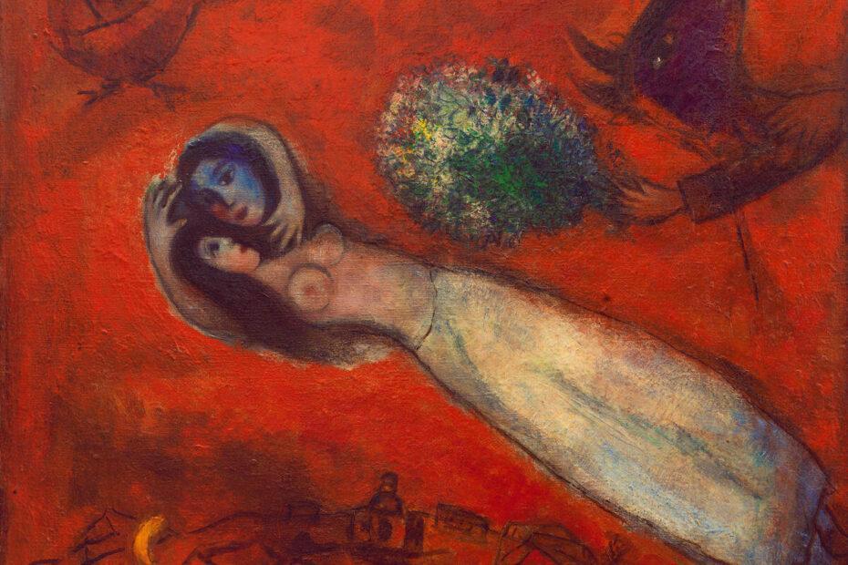 Sanat Tarihinde Aşıklar: Aşkı Ölümsüzleştiren 5 Efsanevi Eser Freya Art Marc Chagall – Lovers in the Red Sky (1950)